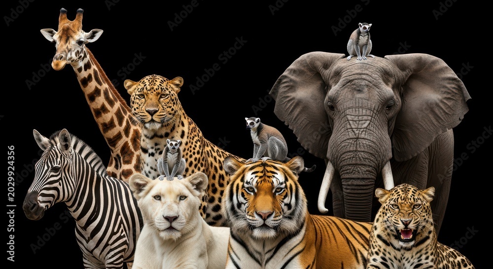 Fototapeta premium Diverse Wild Animal Group Portrait with Elephant, Tiger, Giraffe, Zebra, and Leopard on Black Background