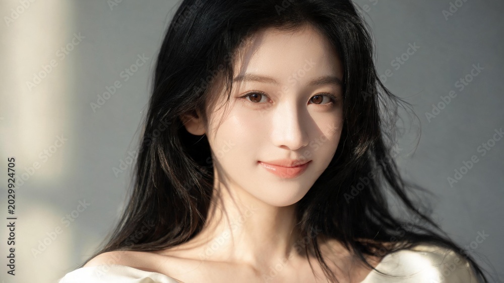 Fototapeta premium Beautiful young woman with long dark hair and a soft smile, bathed in natural light