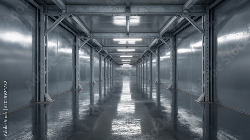 Wide Empty Industrial Hallway with Metal Framework and Bright Lighting