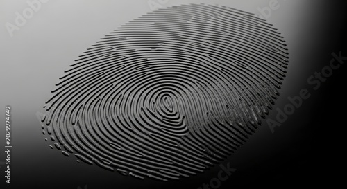 Detailed glossy fingerprint on a dark reflective surface, biometric security and identification concept