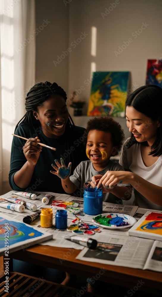 Fototapeta premium Happy Multiethnic Diverse Family Painting Together Black Mom with Braids Asian Woman and Child Boy Laughing at Art Table Indoor Lifestyle Inclusion