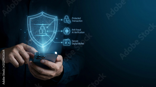 Hand holding smartphone with digital cybersecurity shield icon and data protection hologram in dark futuristic setting
