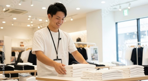 Smiling young Asian male shop assistant folding white t-shirts on a display table in a modern clothing store.