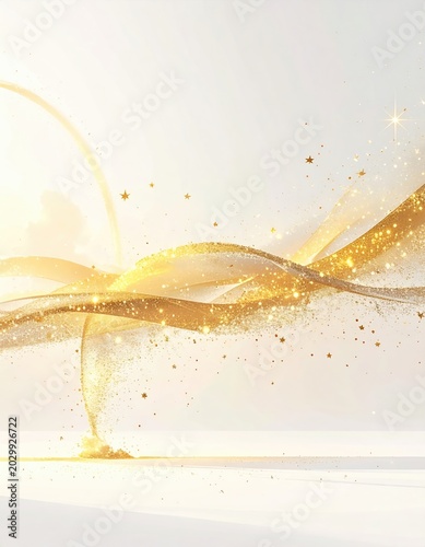Golden light waves and sparkling particles against a soft white background