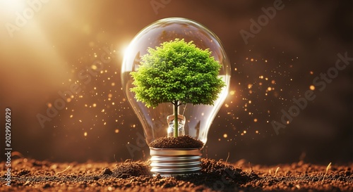A glowing light bulb contains a vibrant green tree growing from soil inside. Golden sparkles surround the bulb, representing sustainable energy and eco-friendly innovation.