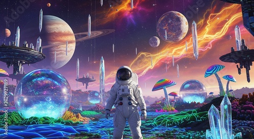 An astronaut explores an alien world with glowing spheres, futuristic spacecraft, and cosmic energy. Mushroom-like plants and crystals dot the landscape under a sky filled with planets.