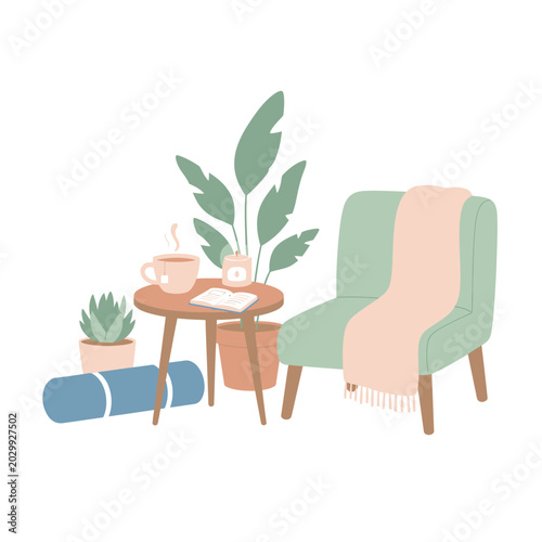 Billede på lærred Cozy reading corner illustration featuring comfortable armchair with soft blanket next to small round side table with steaming mug plant and open book