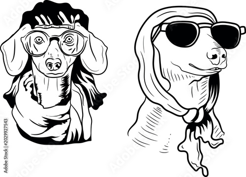 Dachshund in scarf and sunglasses cartoon sketch vector illustration