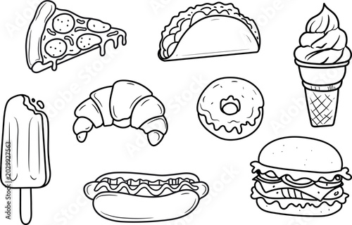 Fast food doodle line art vector illustration