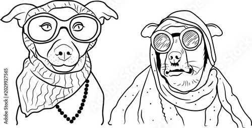 Dog in scarf and sunglasses cartoon sketch vector illustration