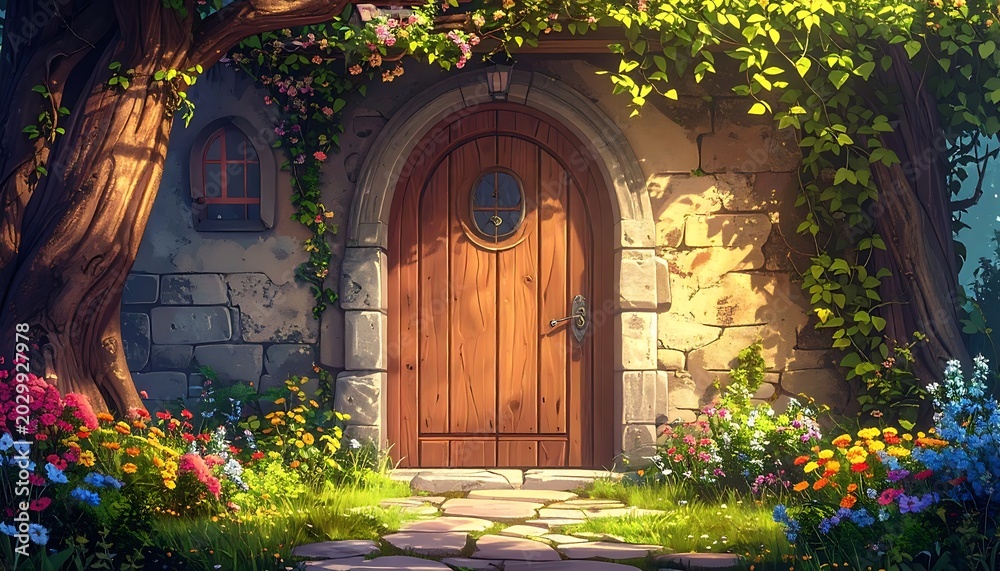 Fototapeta premium Whimsical fairytale cottage entrance with stone path, arched doorway, and blooming flowers in sunlight
