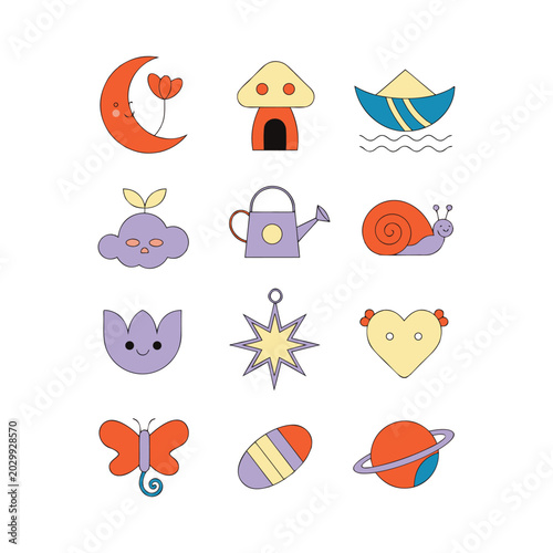Cute cartoon icons set whimsical illustrations on white background