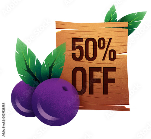 Etiqueta de desconto 50% OFF com açaí e placa de madeira ilustrada