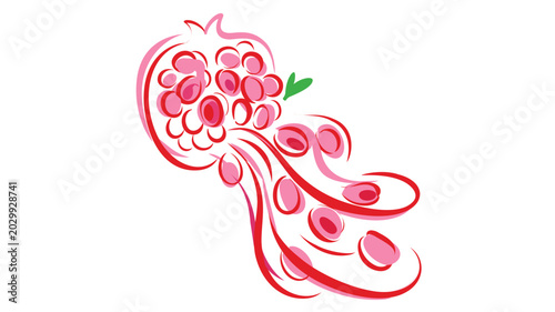 Vibrant pomegranate vector art depicting a halved fruit with ruby seeds cascading out, ideal for juice labels, superfood icons, cocktail accents, and healthy lifestyle graphic design projects.