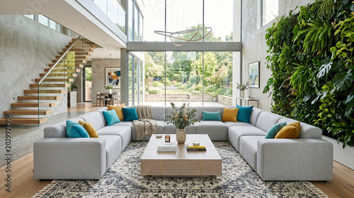 Modern luxury living room with natural light, indoor plants, and minimalist furniture in bright open-plan home interior