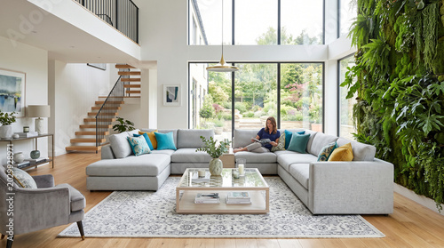 Spacious modern living room with large windows, cozy neutral furniture, indoor plants, and bright natural lighting