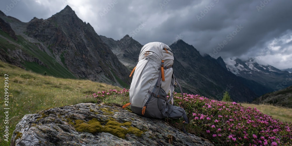 Fototapeta premium Backpack standing on rock amid alpine flowers and peaks