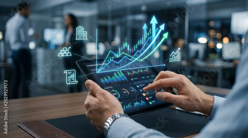 Business professional analyzing financial data on futuristic digital tablet with holographic charts in modern office