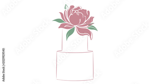 Elegant Vector Illustration of a Tall Cocktail Glass or Cake Topped with a Large Pink Peony Flower and Green Leaves, Creative Colorful Line Art Icon Isolated on a White Background for Design
