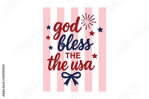 God bless the usa lettering with stars and ribbon pink background
