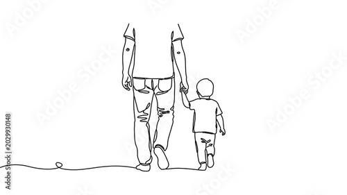 Animation of line drawing of parent holding a child's hand while walking, symbolizing protection, tenderness, and trust.