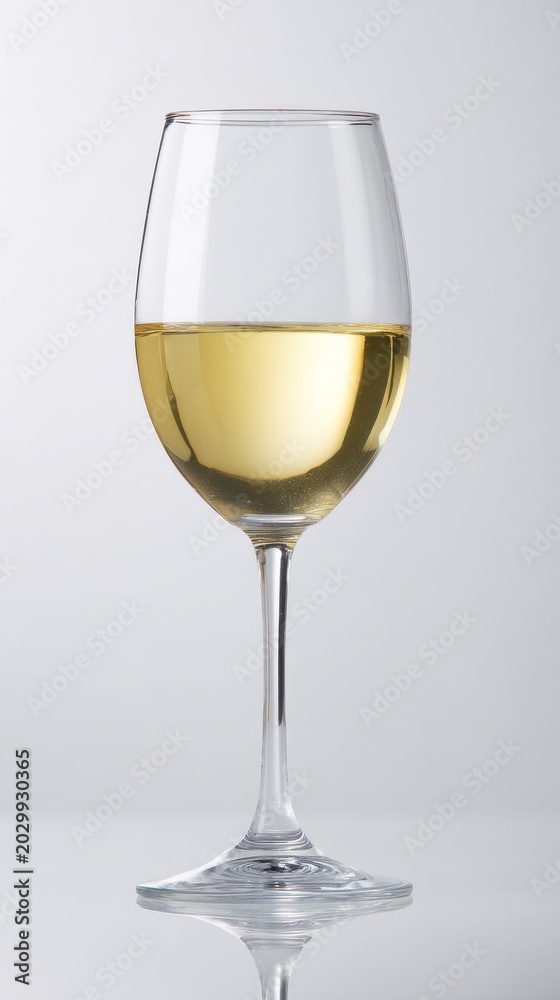 Fototapeta premium Elegant white wine glass with clear liquid and reflections