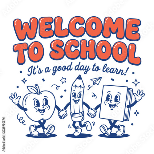 Cuadro en lienzo Welcome to School Retro Cartoon Typography with Cute Classroom Characters
