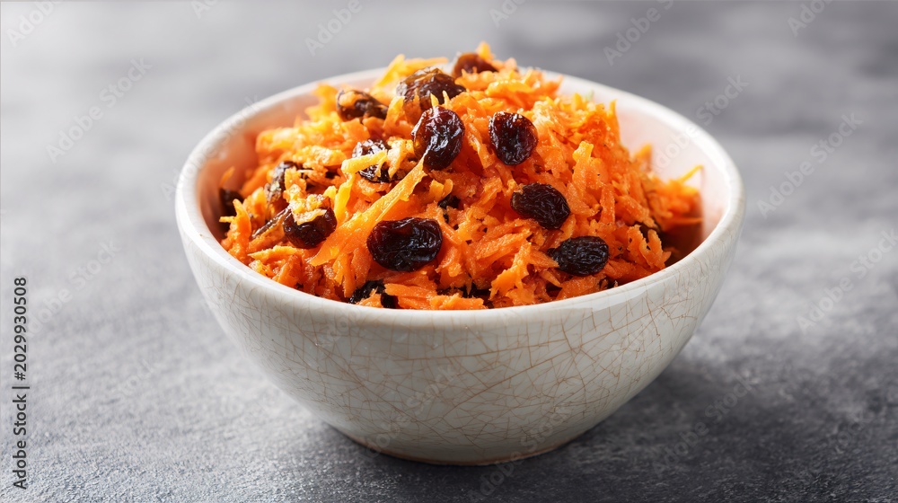 Fototapeta premium A premium stock-style image of carrot raisin salad in a small ceramic bowl on a solid neutral background with clean lighting, minimal props, and commercial appeal