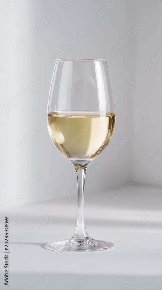 Fototapeta premium Elegant white wine glass with golden liquid elegantly placed on a white surface
