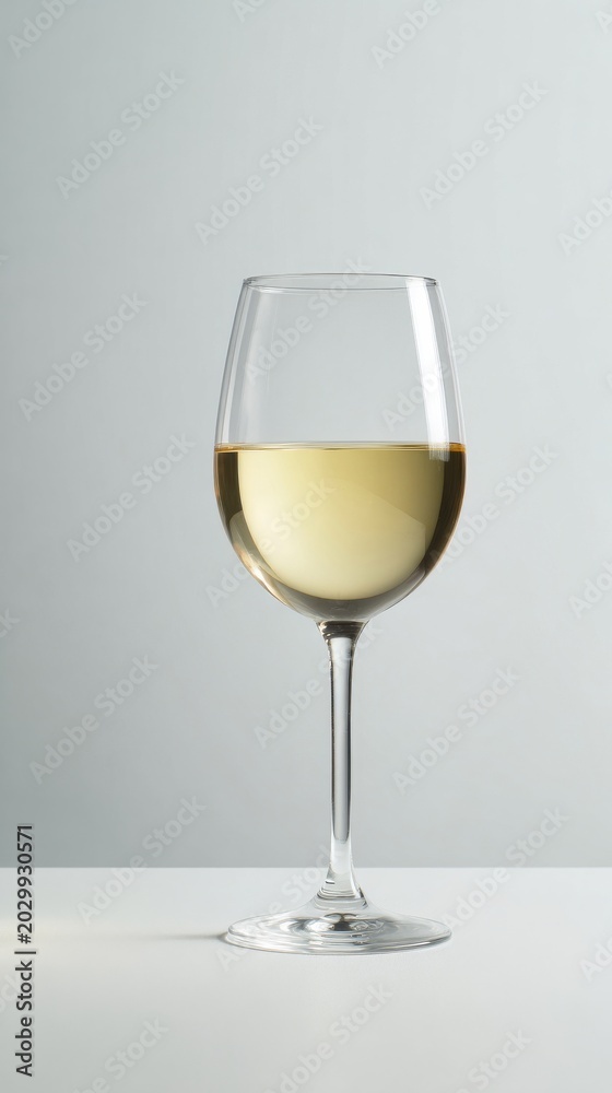 Fototapeta premium Elegant glass of crisp white wine on a clean white surface