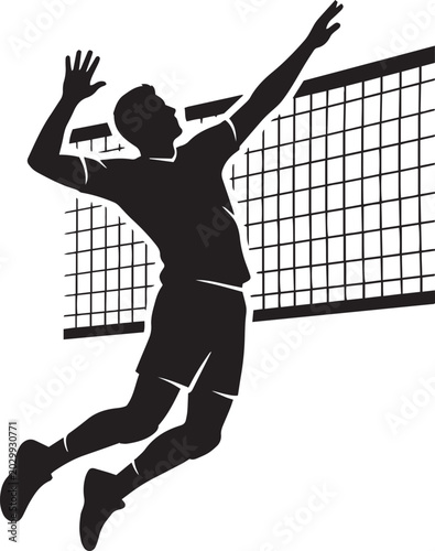 Silhouette of volleyball player jumping to spike ball