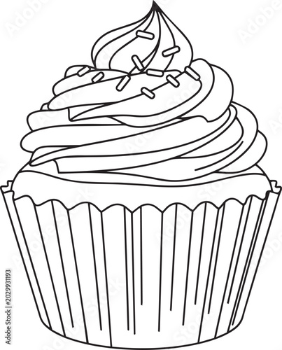Single cupcake with swirled frosting and sprinkles
