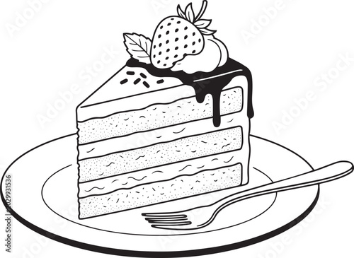 Slice of layered cake with strawberry and fork on plate