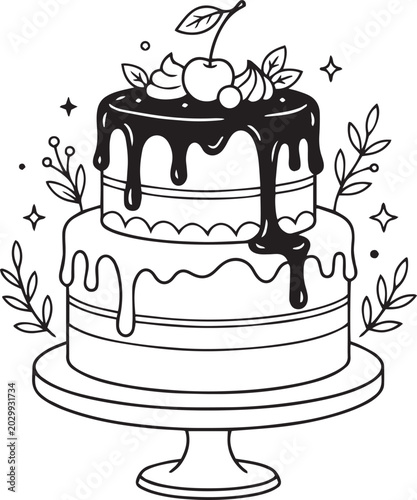 Two-tier chocolate drip cake with cherry and leaves dessert