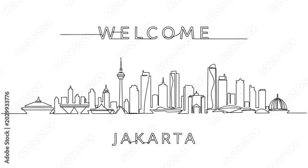 Fototapeta premium Jakarta Skyline Welcome Illustration, Cityscape Silhouette Line Art