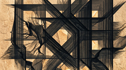 Abstract art piece featuring a deer in a geometric composition with black lines on a brown background