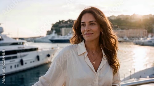 Elegant woman in white shirt standing by yachts at a marina during sunset, warm cinematic camera motion.