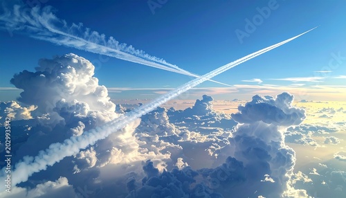 Aerial view of contrails crossing above fluffy clouds in blue sky.