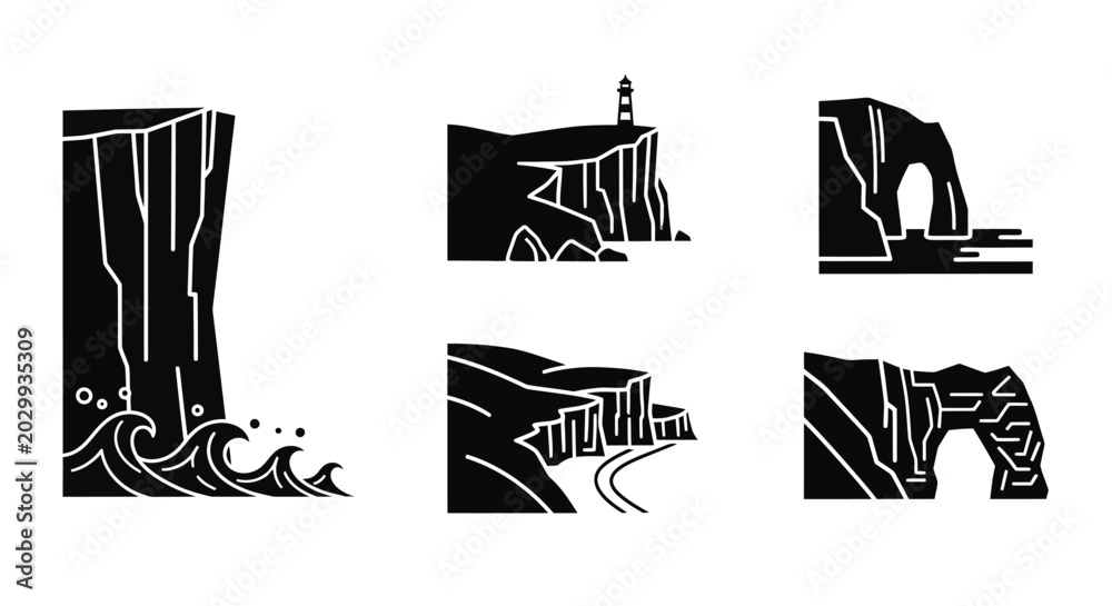 Fototapeta premium Set of Coastal Cliff Icons: Lighthouse, Arch, Waves, Road