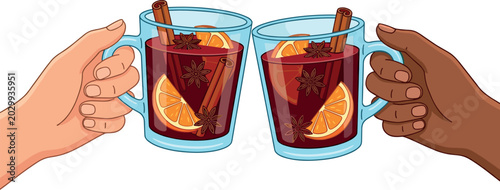 Tableau sur toile Hands Clinking Glasses of Mulled Wine Vector Illustration with Spiced Hot Drinks