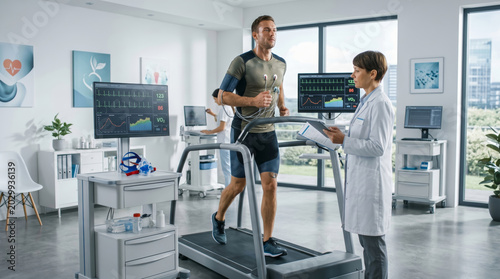 A male patient exercises on a treadmill while a female medical professional monitors his vitals during a cardiac stress test in a clinical setting.
