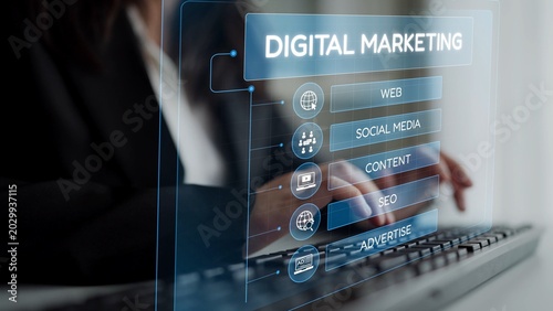 Photos Digital marketing strategy broken down into categories: web, SEO, content, social media, and advertise