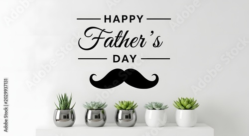 Happy fathers day greeting card design with mustache and succulent plants on white background