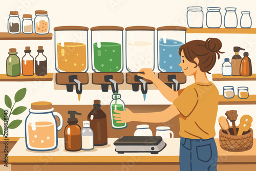 Hand-drawn vector illustration of a woman refilling a glass bottle at a zero-waste store with liquid dispensers for sustainable products like soap and detergent in an eco-friendly shop interior.