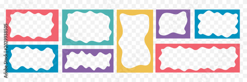 Colorful organic frame set with wavy edges, playful abstract retro shapes, transparent center, flat vector style. Modern kids design for stickers, labels, social media, packaging, posters, cards