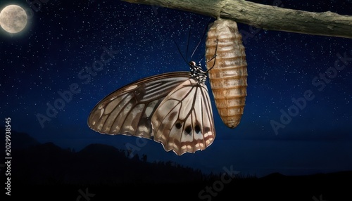 Butterfly Emergence - A Nighttime Transformation Under the Moon.