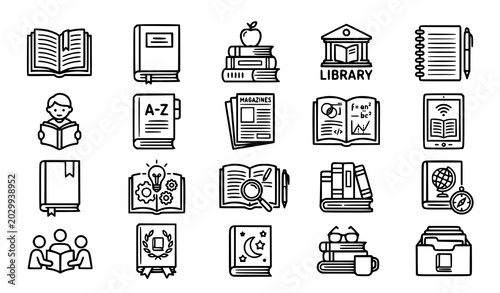 Books icon set with library textbook and education study vector symbols