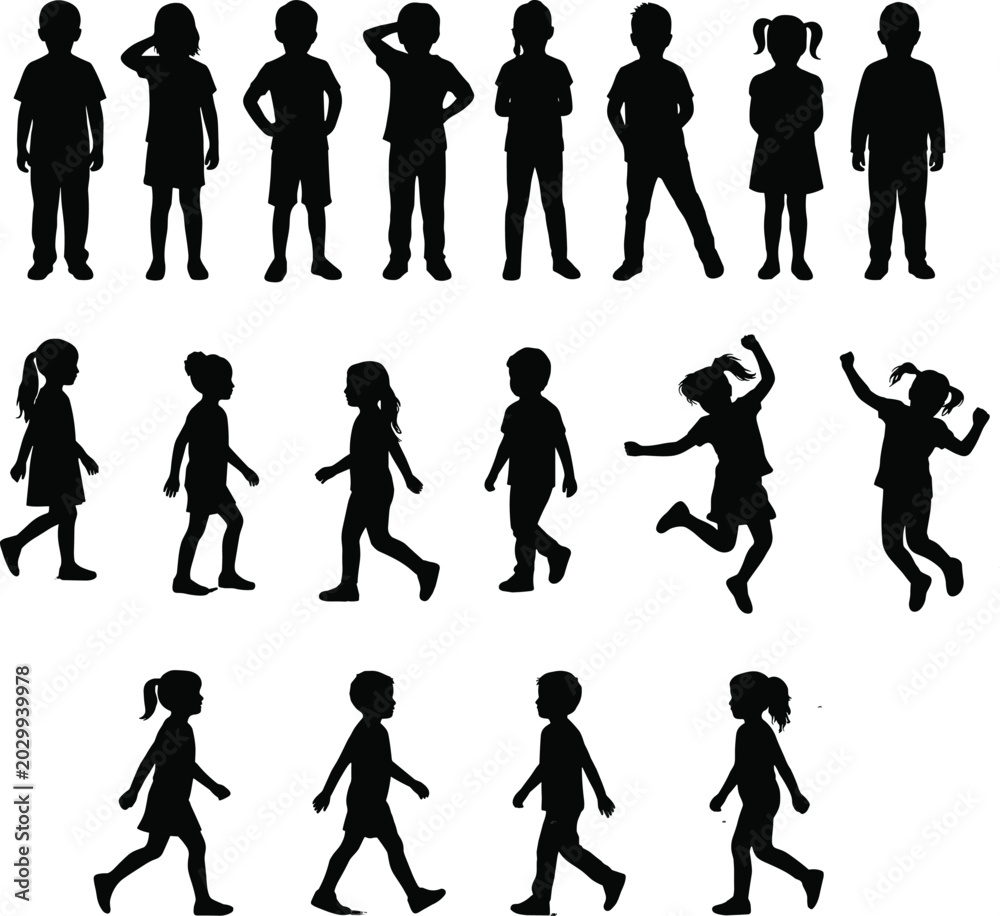 Obraz premium Children Silhouette Collection with Standing Walking and Jumping Kids Poses Isolated Vector Illustration Set