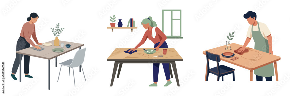 Fototapeta premium Minimal flat illustration of a person wiping a dining table after meals, modern household activity, white background.