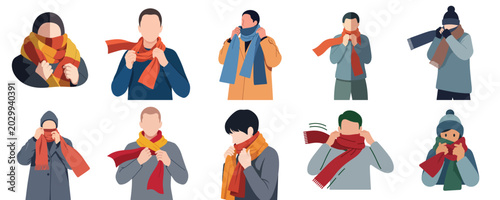 Fotografía Modern flat vector scene showing someone adjusting a scarf on a chilly day before going outside, simple composition, white background